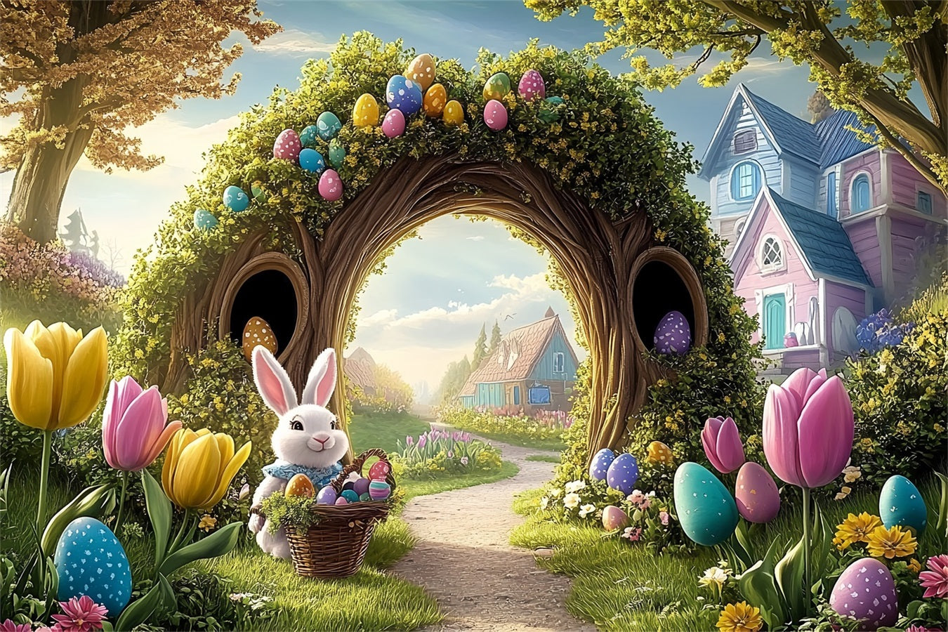 Easter Egg Backdrop Vibrant Tulip Garden Bunny Backdrop Brp12-737