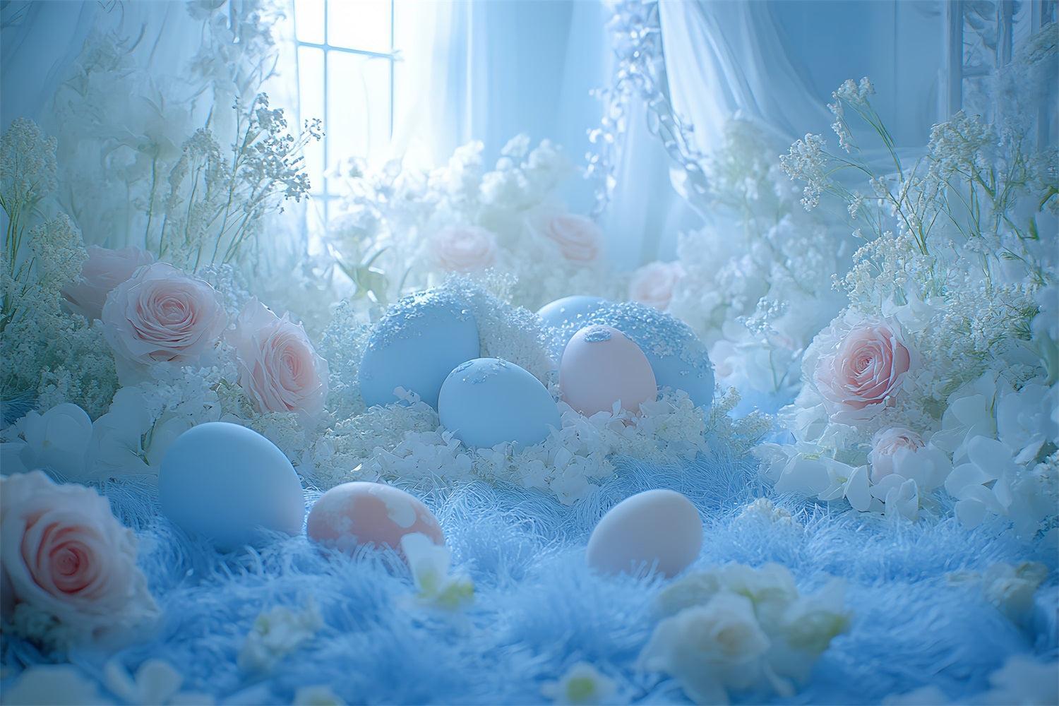 Backdrop Easter Blue Blossoms Eggs Window Backdrop Brp12-752