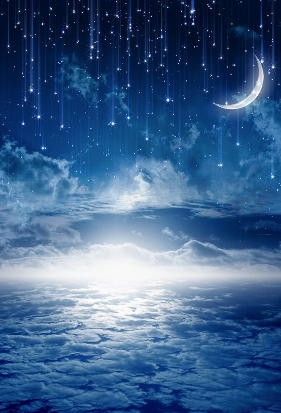 Blue Night Sky White Clouds Sparkle Stars Photography Backdrop lv-1468