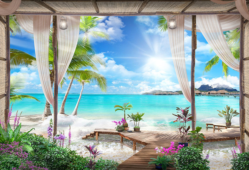 Beach Blue Ocean Seaside Scenery Photography Backdrop UK LV-868