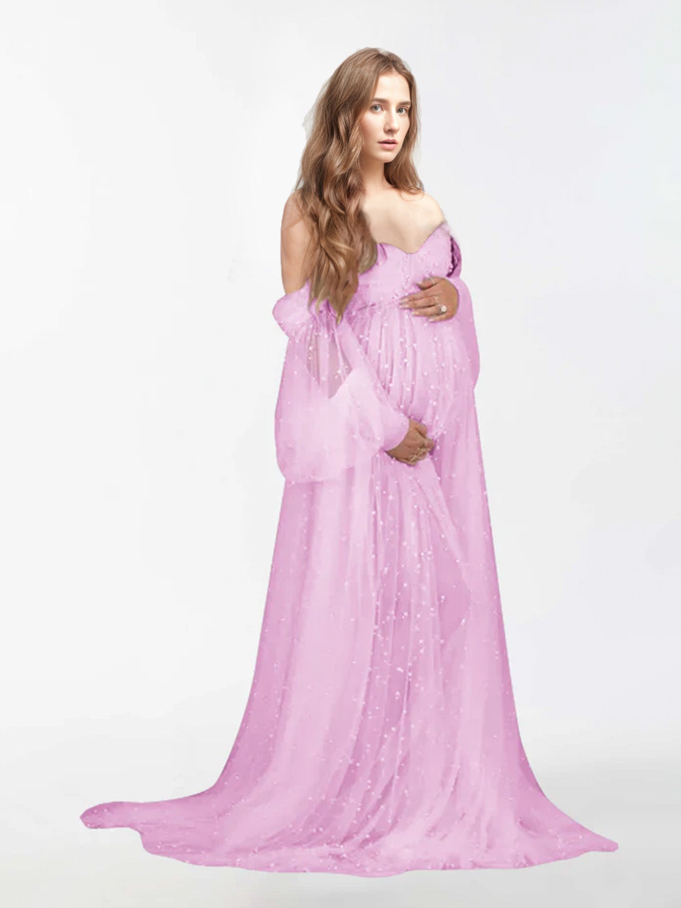 Off The Shoulder Pearl Tulle Robe for Maternity Photography RB1