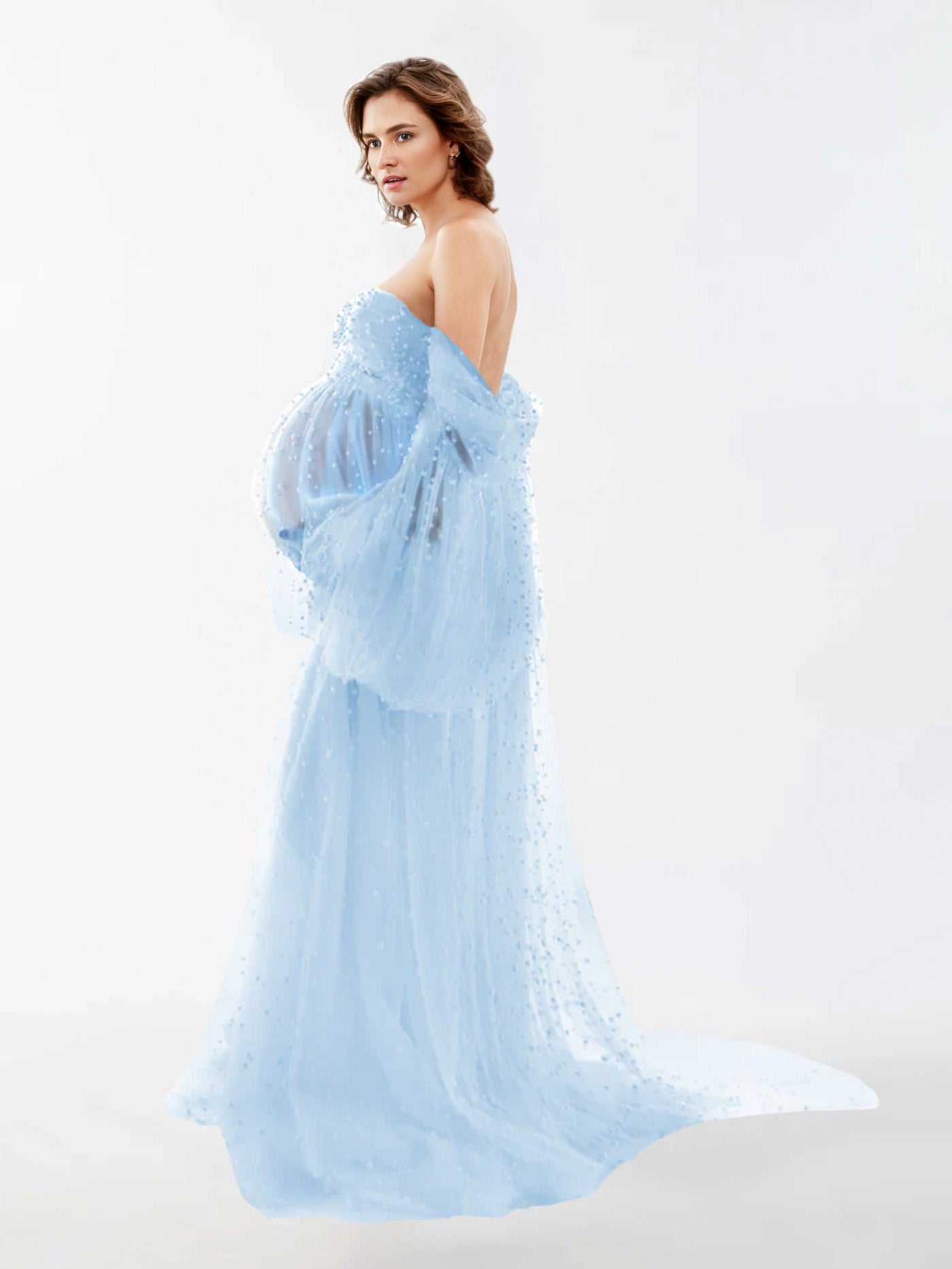 Off The Shoulder Pearl Tulle Robe for Maternity Photography RB1