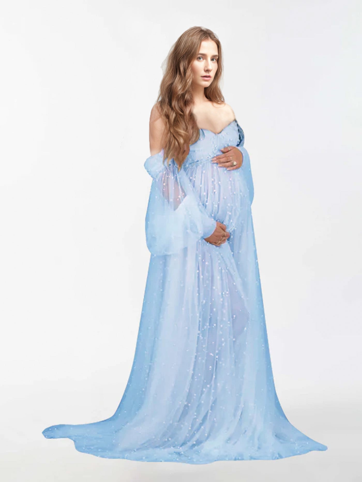 Off The Shoulder Pearl Tulle Robe for Maternity Photography RB1