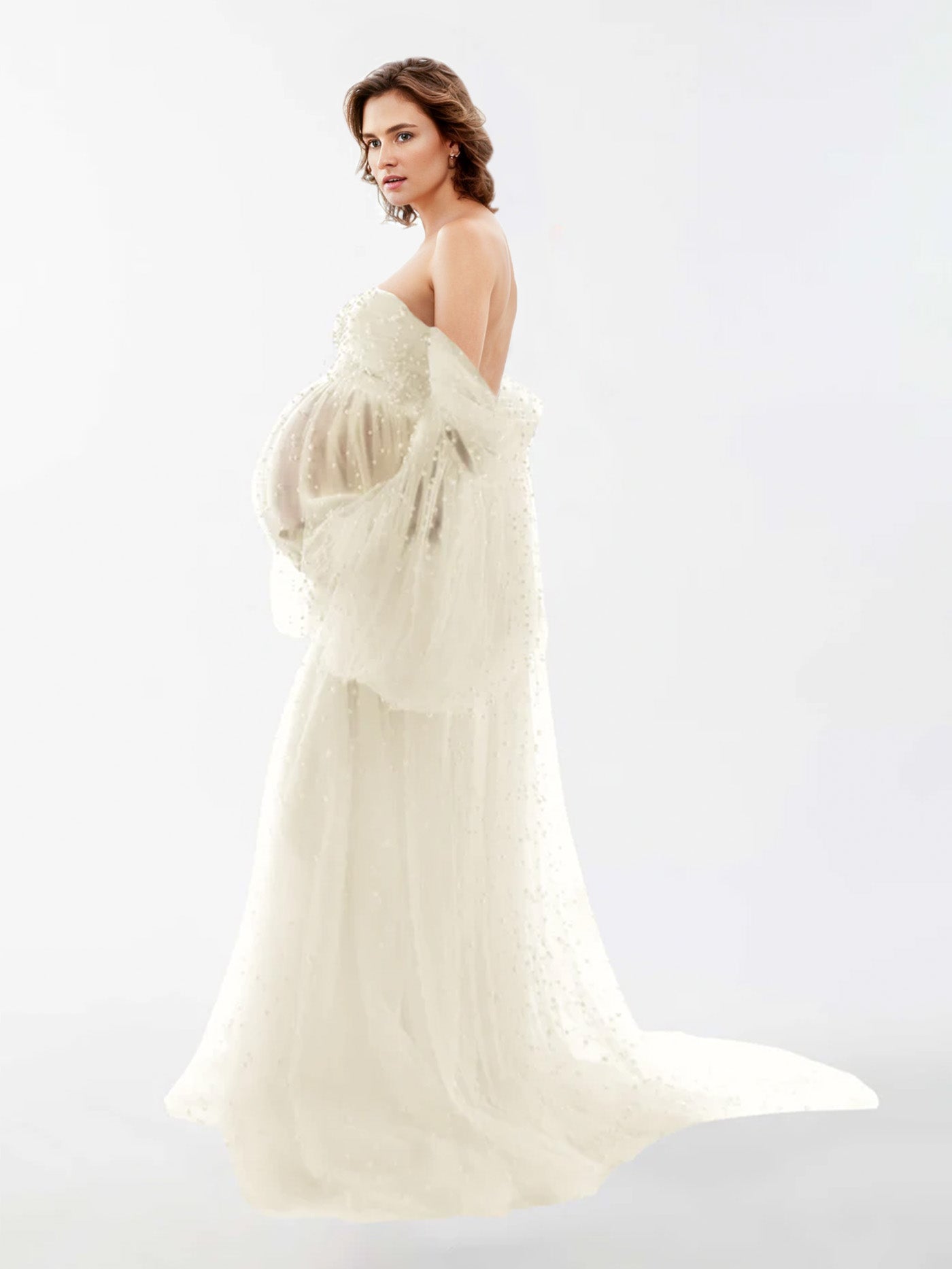 Off The Shoulder Pearl Tulle Robe for Maternity Photography RB1