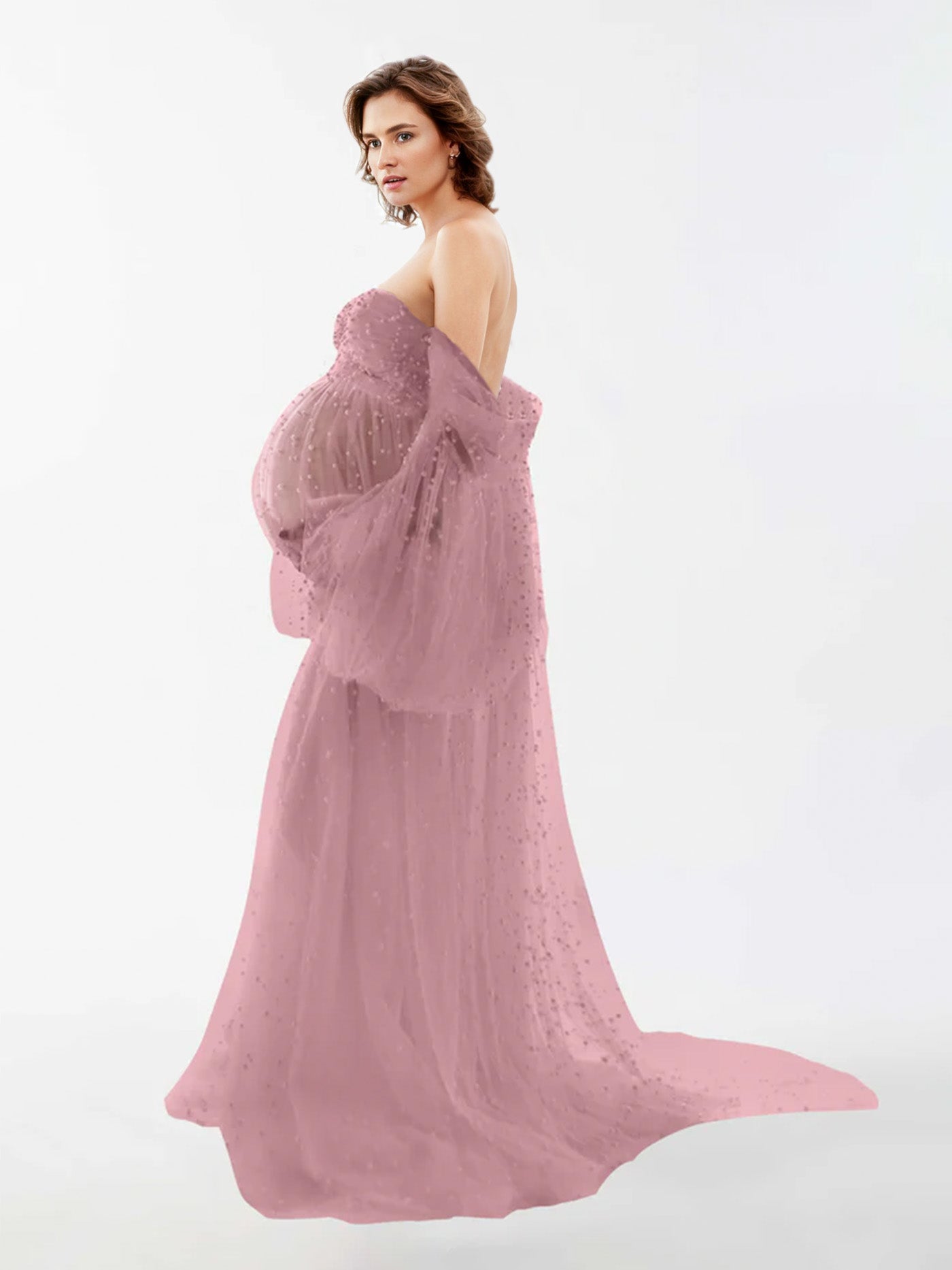 Off The Shoulder Pearl Tulle Robe for Maternity Photography RB1