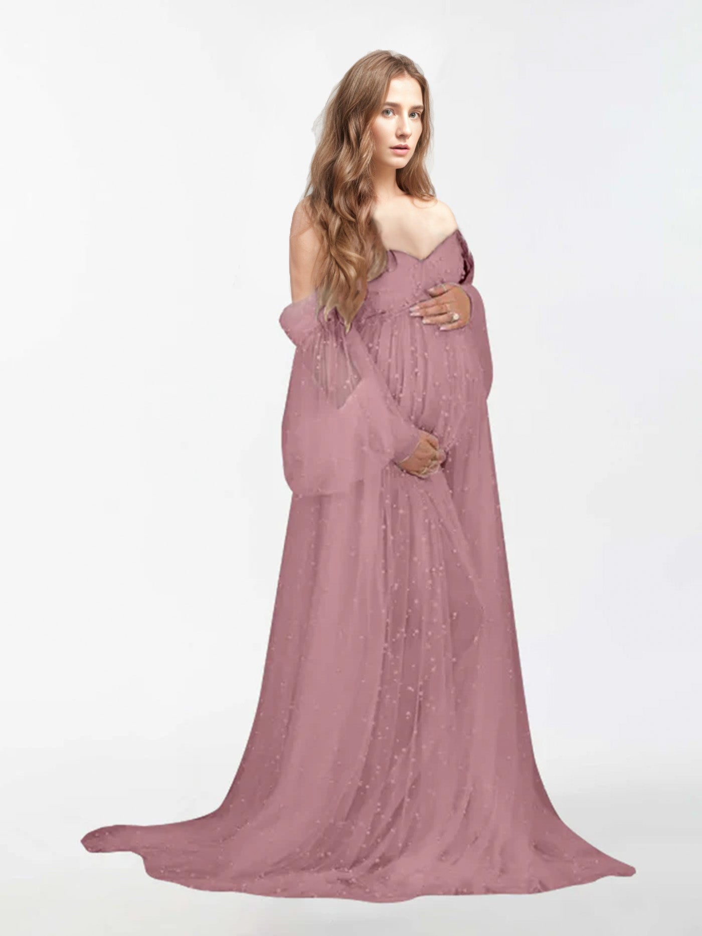 Off The Shoulder Pearl Tulle Robe for Maternity Photography RB1