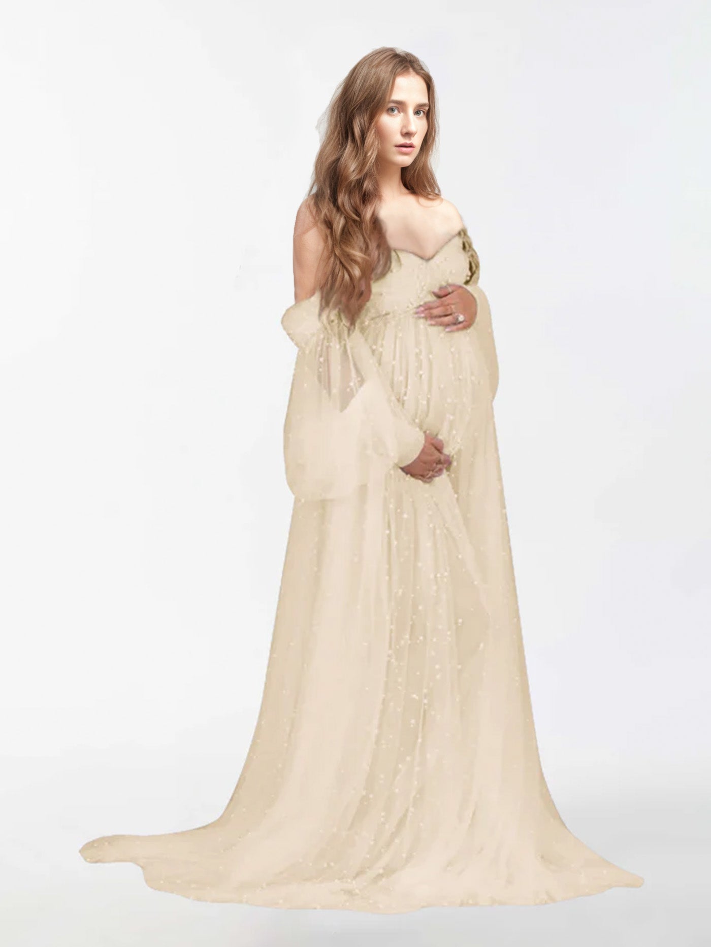 Off The Shoulder Pearl Tulle Robe for Maternity Photography RB1