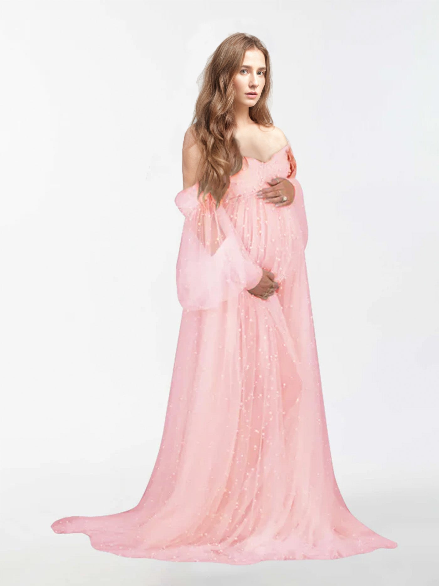 Off The Shoulder Pearl Tulle Robe for Maternity Photography RB1