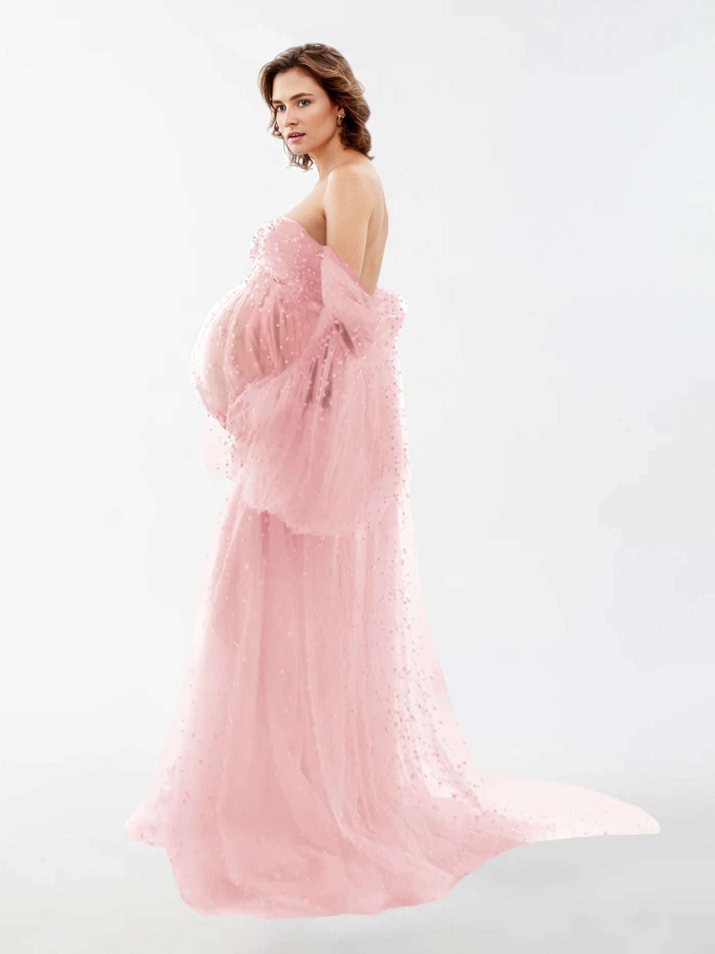 Off The Shoulder Pearl Tulle Robe for Maternity Photography RB1