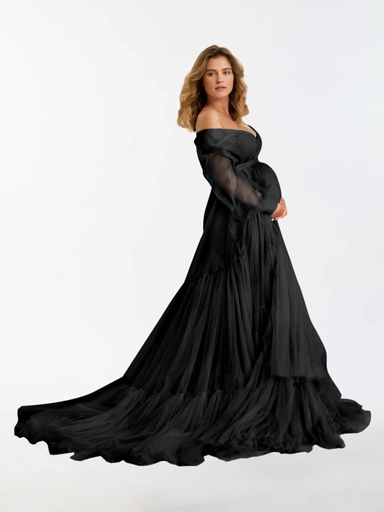 V Neck Ruffles Long Sleeve Maternity Dress for Photography RB3