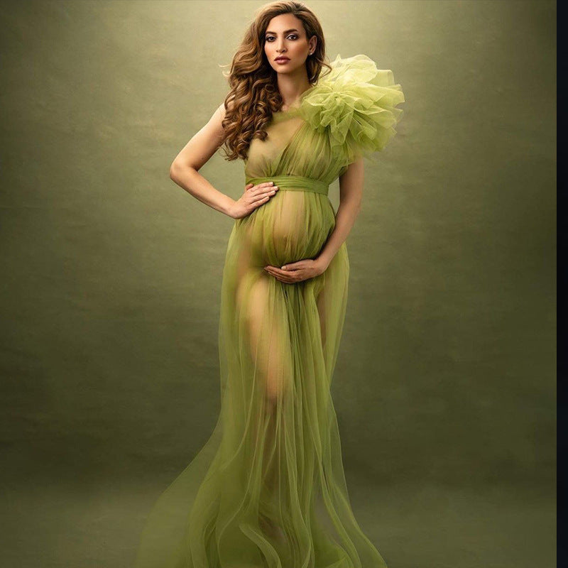 One-shoulder floral tulle split maternity photography dress RB13