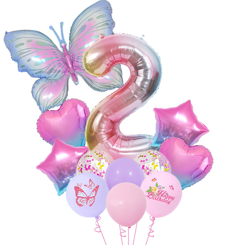 Ice Blue Gradient Butterfly Number Balloon Set Dream Birthday Party Scene Decoration BA45