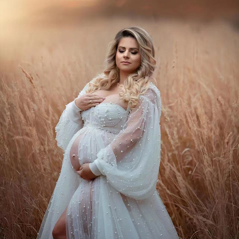 Long Sleeve Beaded Lace Trimmed Tulle Maternity Photography Dress RB10