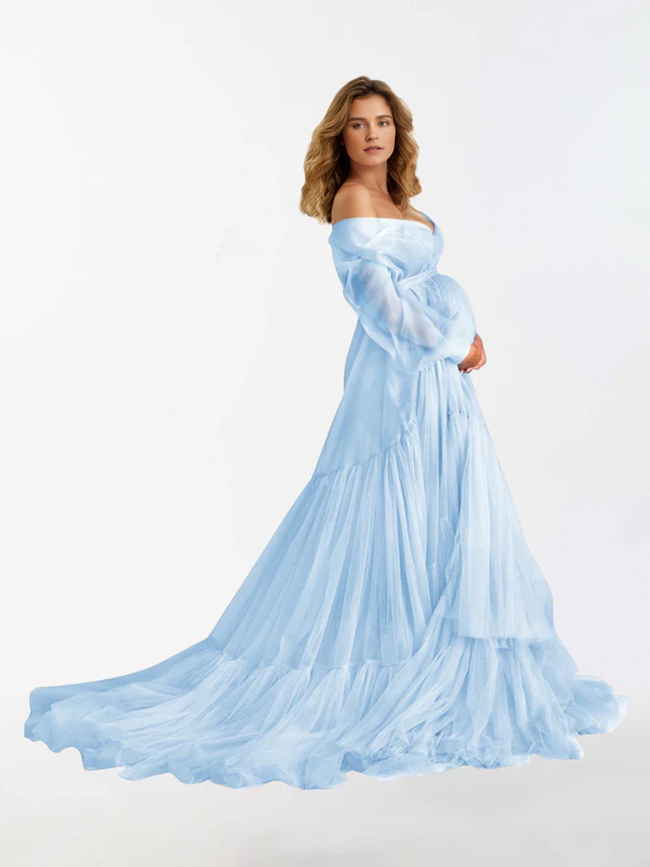 V Neck Ruffles Long Sleeve Maternity Dress for Photography RB3