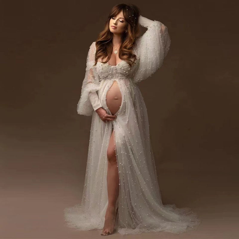 Long Sleeve Beaded Lace Trimmed Tulle Maternity Photography Dress RB10