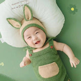 Newborn Woolen Knit Green Bib Pants Rabbit Ears Hat Set CL4