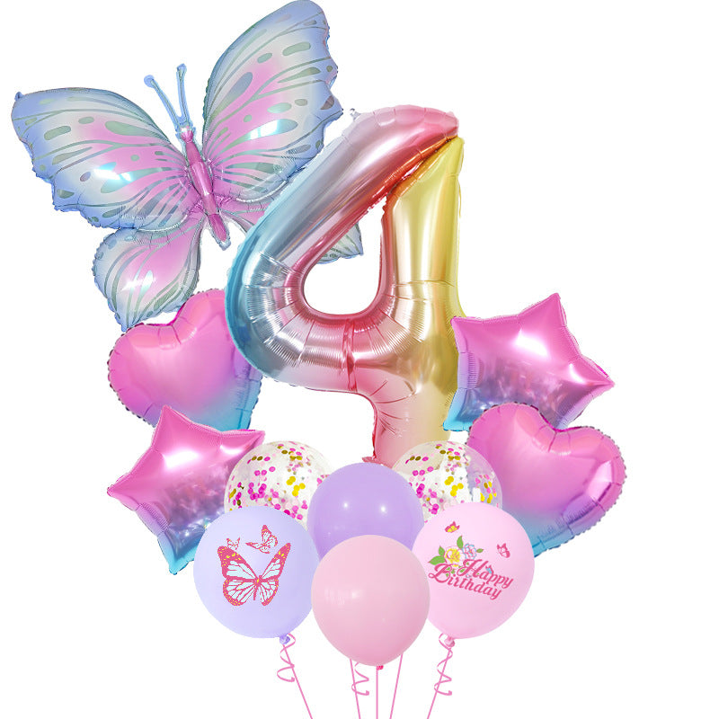 Ice Blue Gradient Butterfly Number Balloon Set Dream Birthday Party Scene Decoration BA45