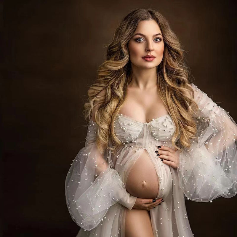 Long Sleeve Beaded Lace Trimmed Tulle Maternity Photography Dress RB10