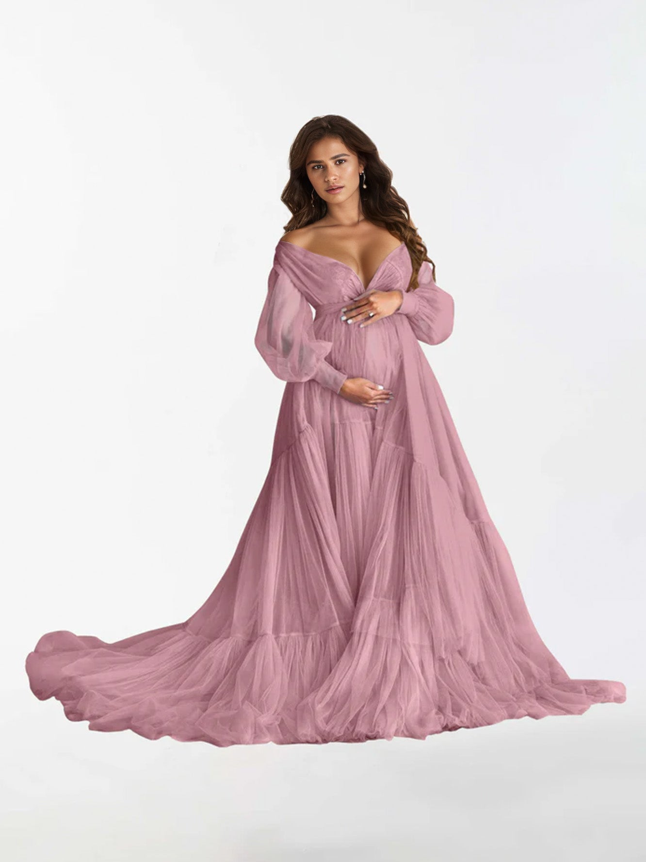 V Neck Ruffles Long Sleeve Maternity Dress for Photography RB3