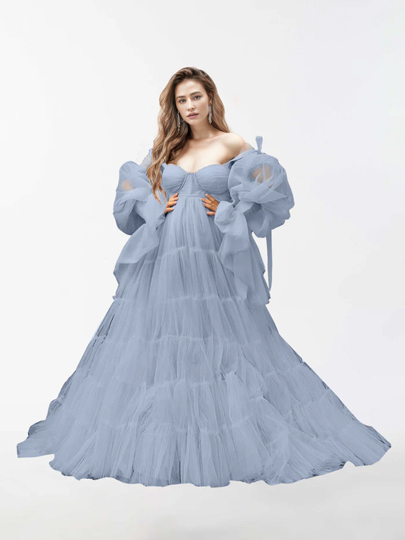 A-Line Tulle Robe Sheer Long Sleeves Maternity Dress for Photography RB2