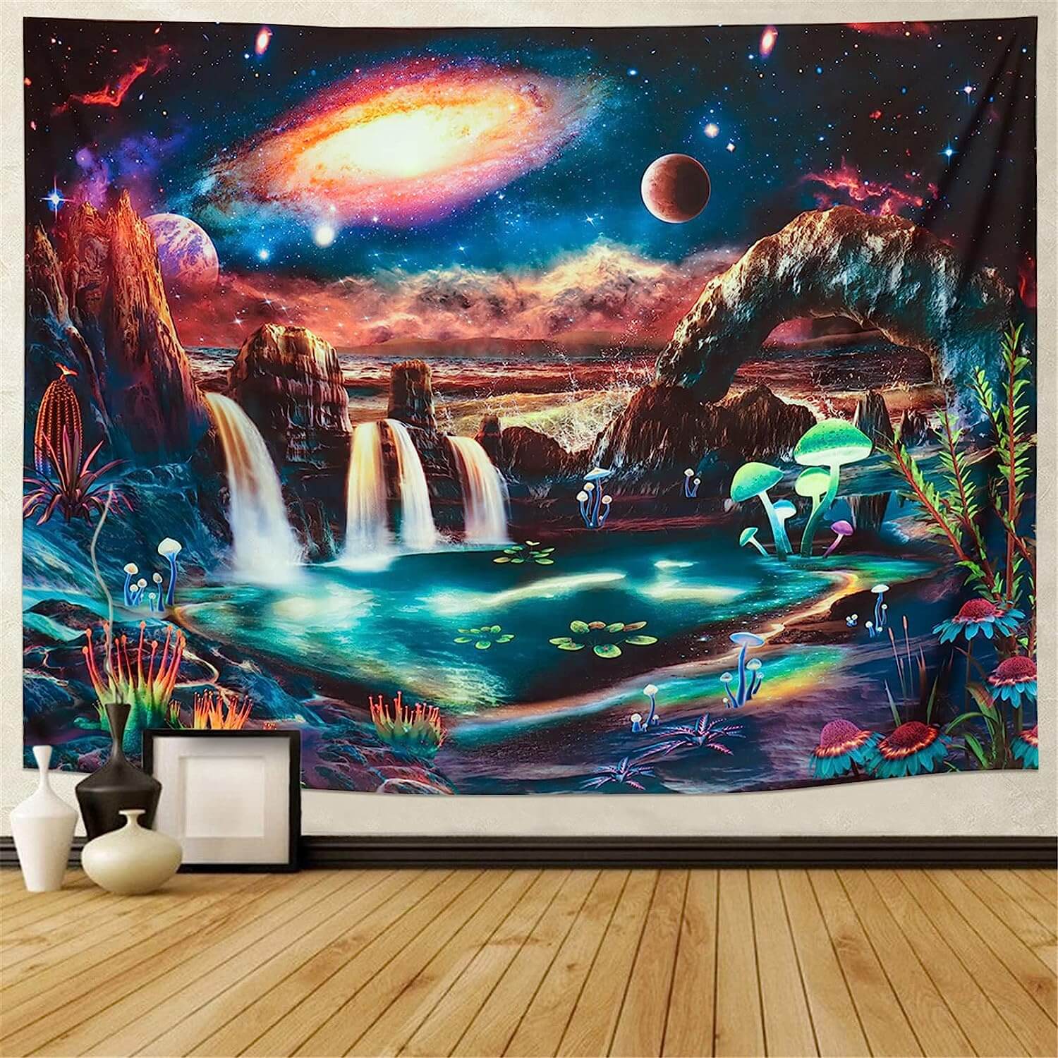 Blacklight Galaxy Tapestry Waterfall Landscape UV Reactive Wall Hanging