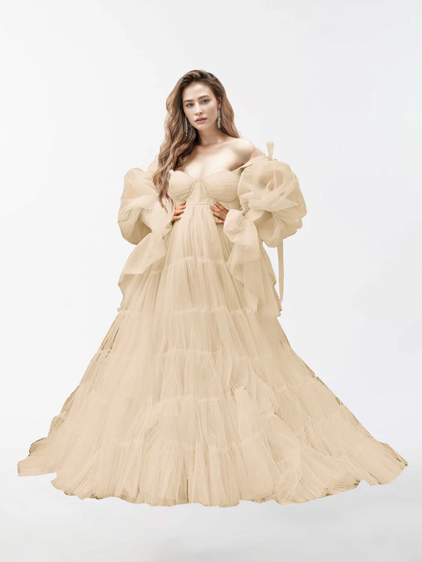 A-Line Tulle Robe Sheer Long Sleeves Maternity Dress for Photography RB2