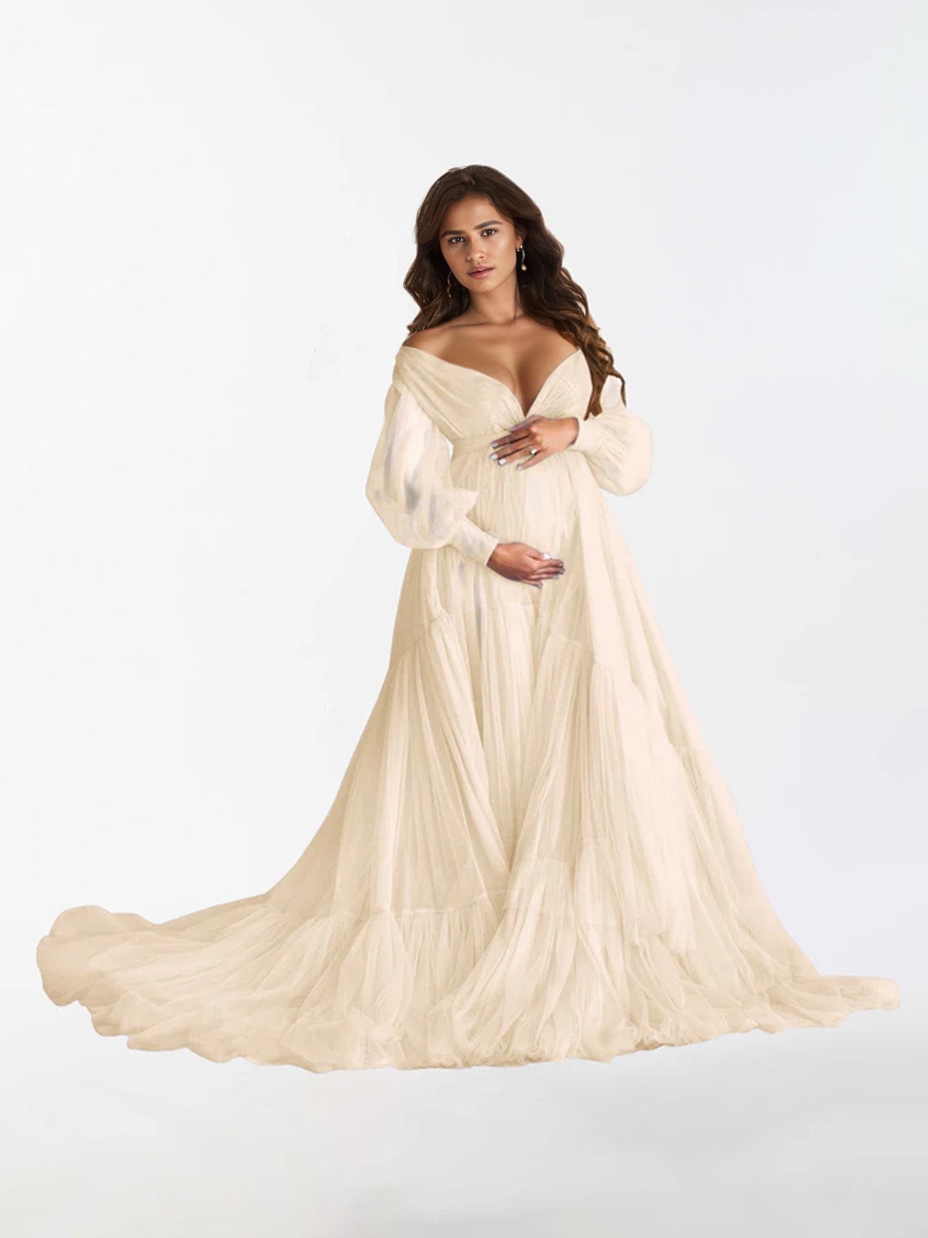 V Neck Ruffles Long Sleeve Maternity Dress for Photography RB3