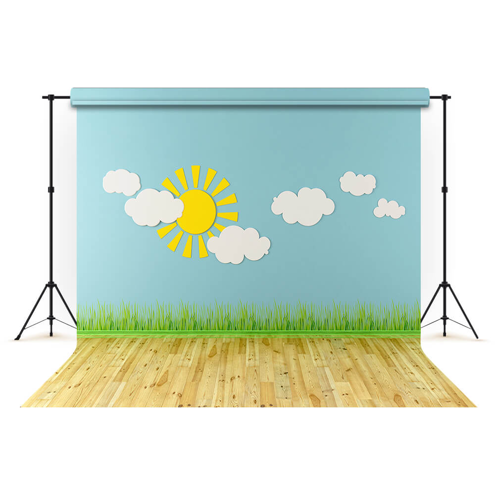 Cartoon Prairie Sun Clouds School Backdrop M5-97