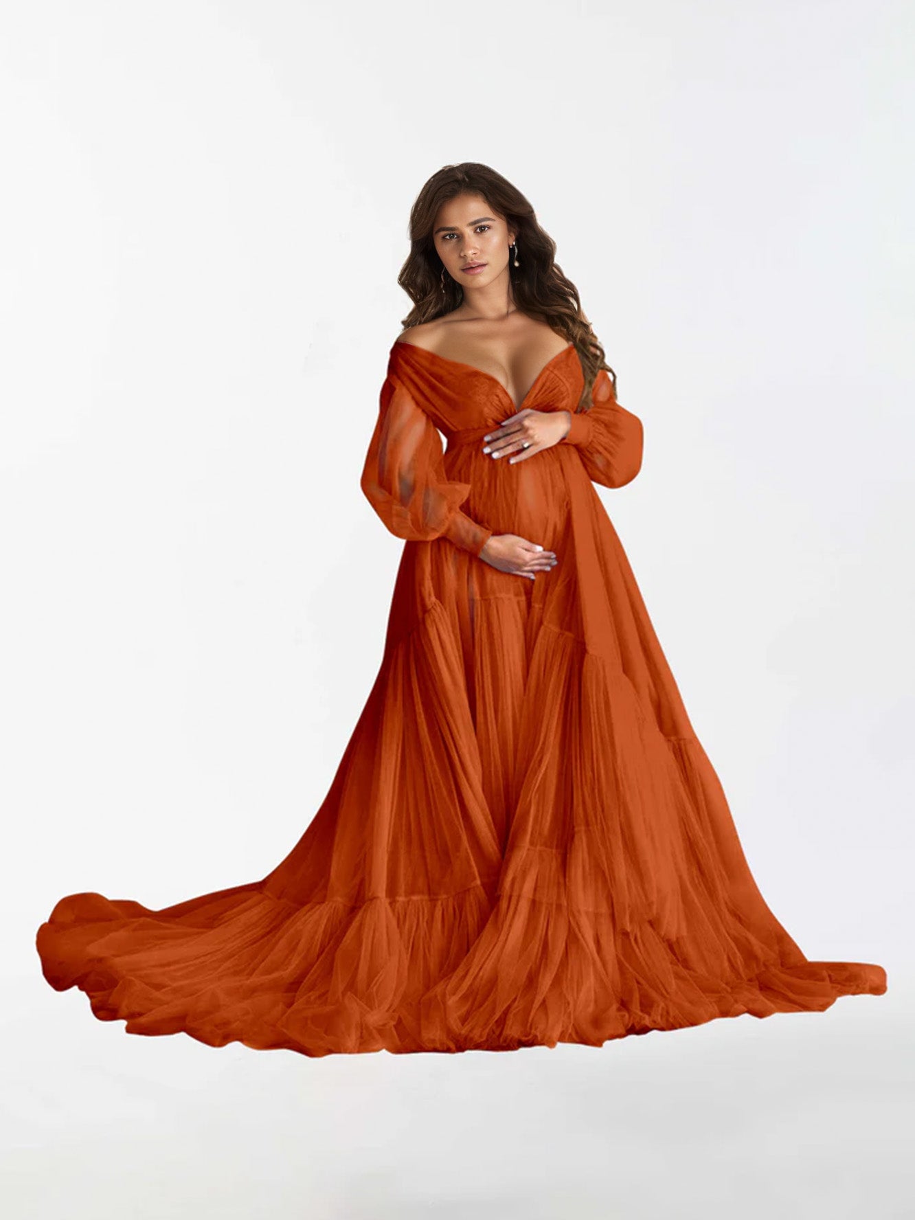 V Neck Ruffles Long Sleeve Maternity Dress for Photography RB3