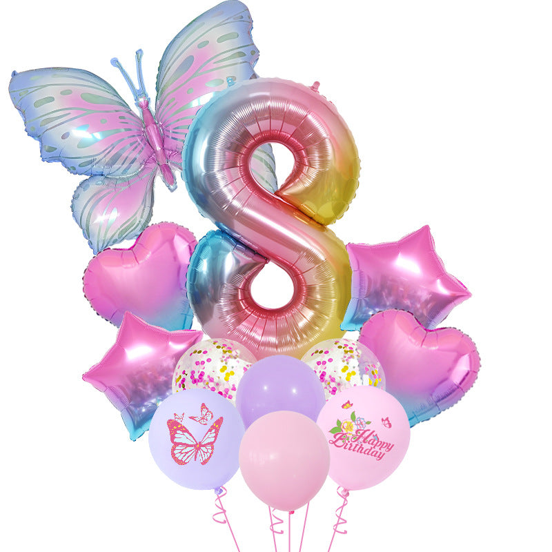 Ice Blue Gradient Butterfly Number Balloon Set Dream Birthday Party Scene Decoration BA45