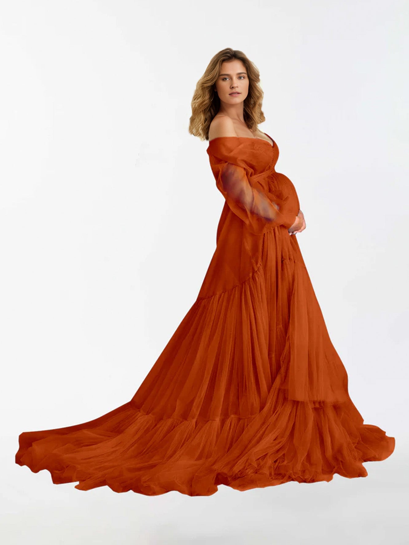 V Neck Ruffles Long Sleeve Maternity Dress for Photography RB3