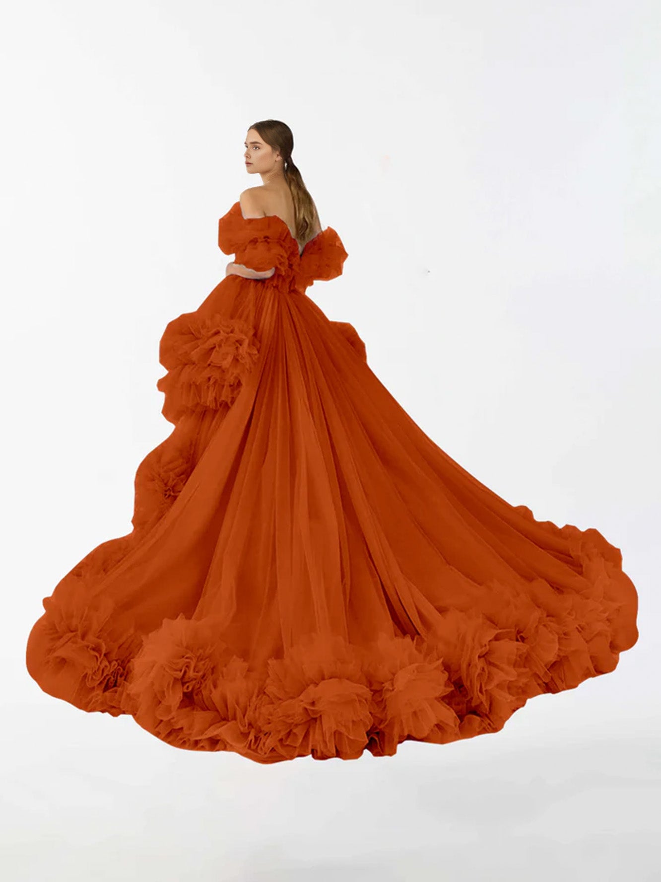 Tulle Irregular Ruffled High Low Sweep Brush Train Maternity Dress RB6