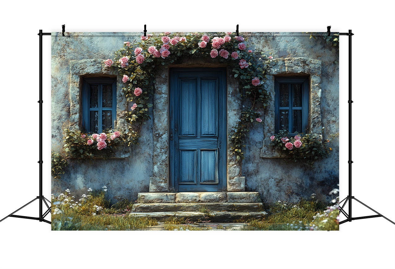 Spring Backdrops Rustic Stone House Framed Rose Backdrop BRP1-10