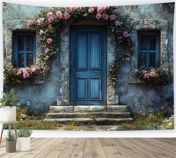 Spring Backdrops Rustic Stone House Framed Rose Backdrop BRP1-10