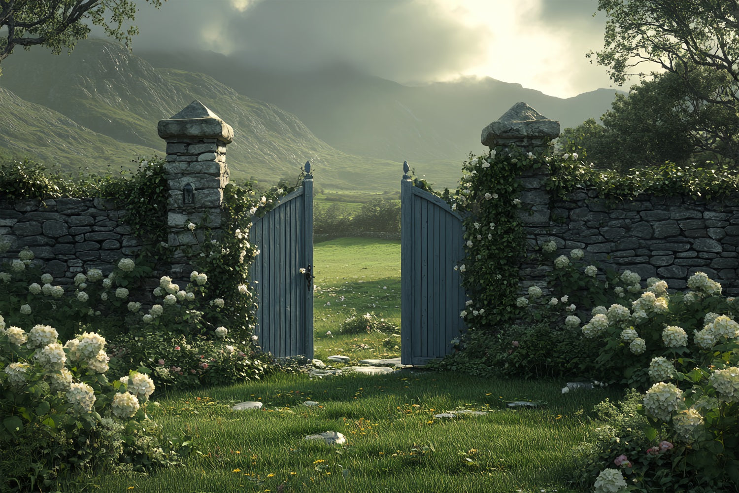 Backdrop Spring Countryside Stone Garden Gate Backdrop BRP1-12