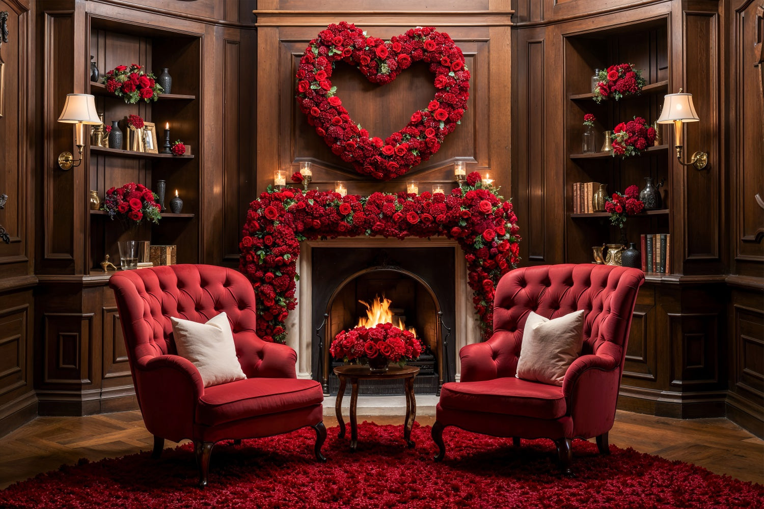 Valentine Backdrop Ideas Red Roses Heart Fireplace Backdrop BRP1-125