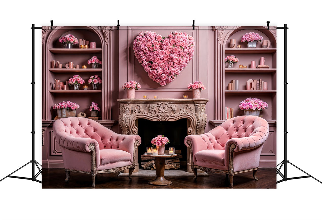 Valentine Photography Backdrop Heart Floral Chairs Fireplace Backdrop BRP1-126