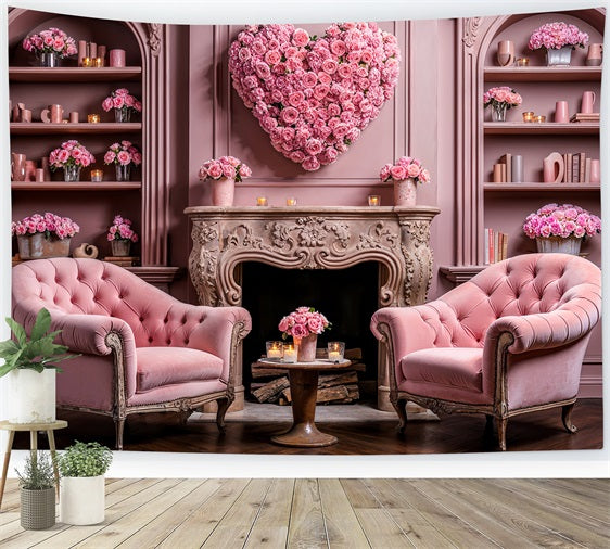 Valentine Photography Backdrop Heart Floral Chairs Fireplace Backdrop BRP1-126