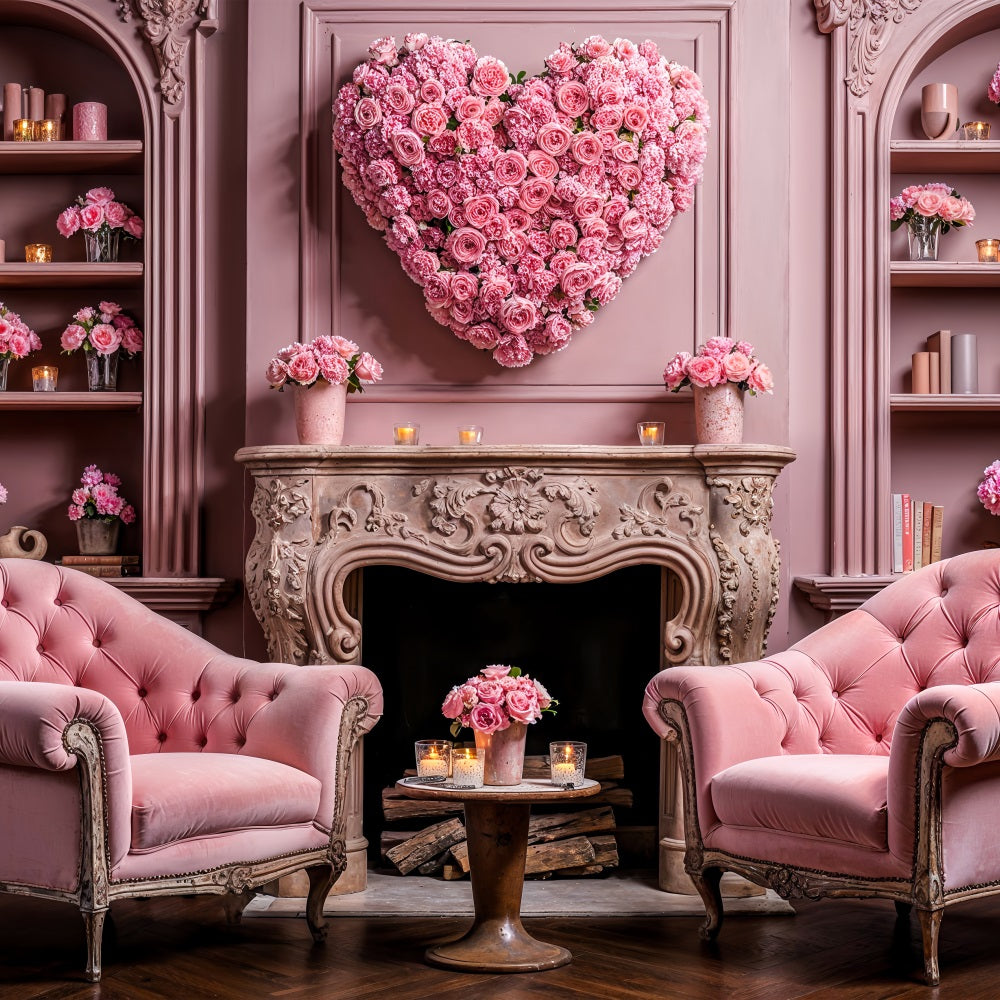 Valentine Photography Backdrop Heart Floral Chairs Fireplace Backdrop BRP1-126