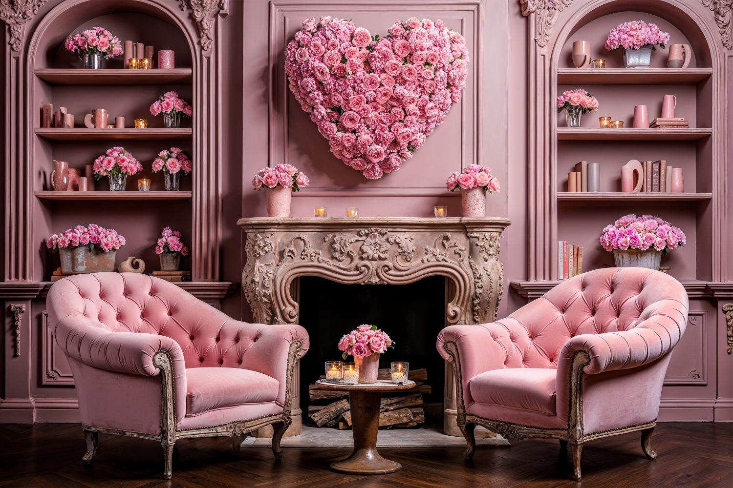 Valentine Photography Backdrop Heart Floral Chairs Fireplace Backdrop BRP1-126