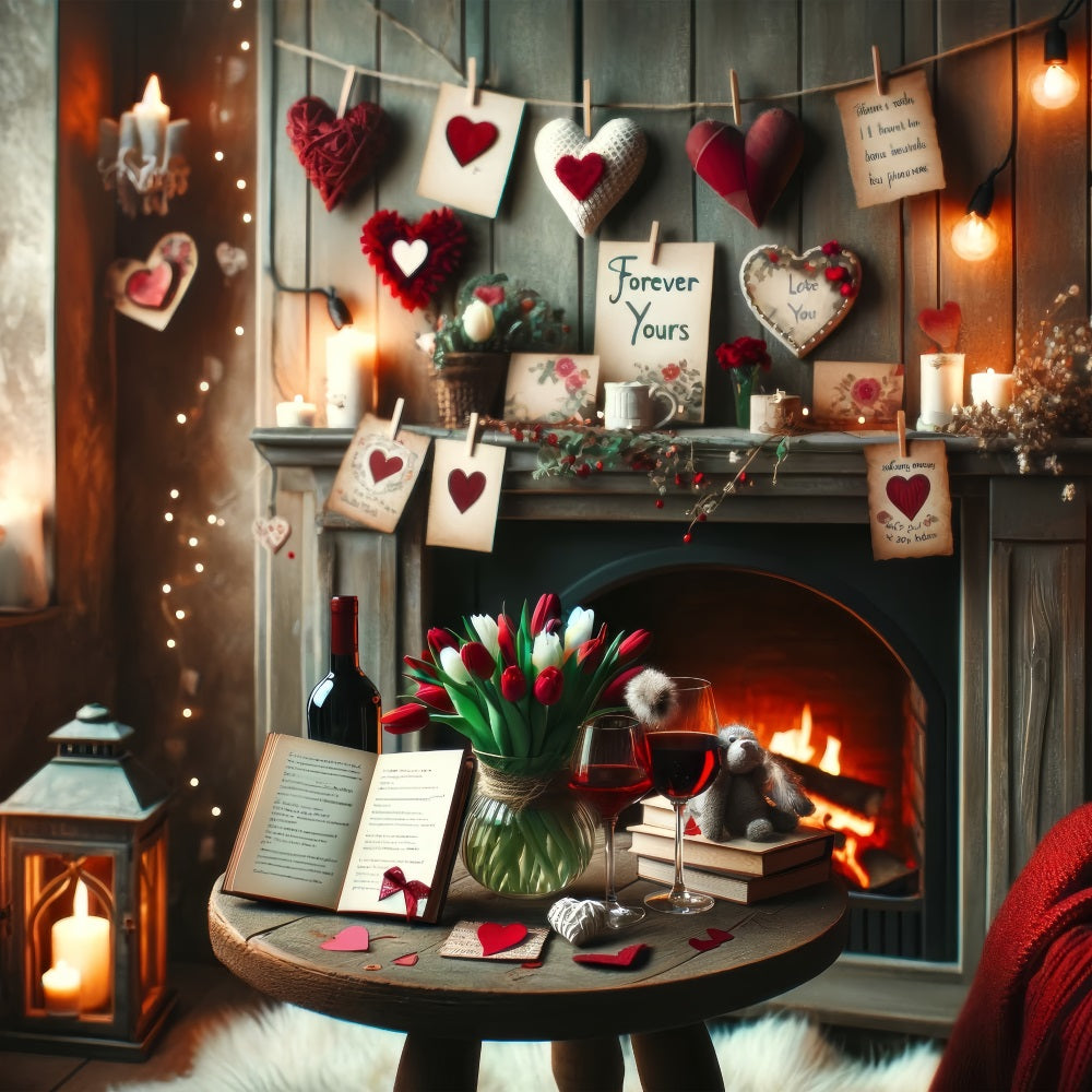 Backdrops Valentines Rustic Fireplace Love Notes Backdrop BRP1-135