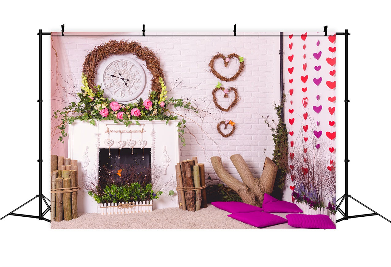 Photography Backdrops Valentine Fireplace Wreath Flowers Backdrop BRP1-140