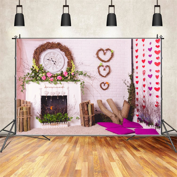 Photography Backdrops Valentine Fireplace Wreath Flowers Backdrop BRP1-140