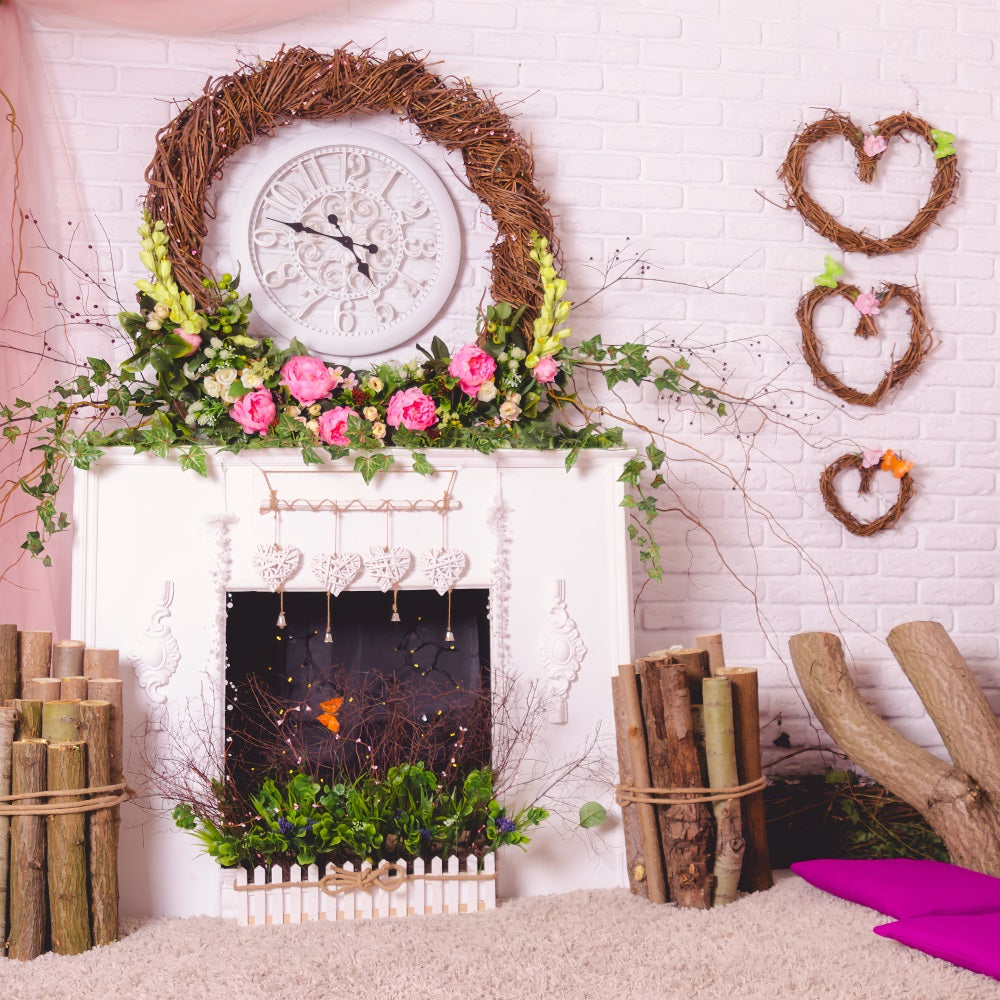 Photography Backdrops Valentine Fireplace Wreath Flowers Backdrop BRP1-140