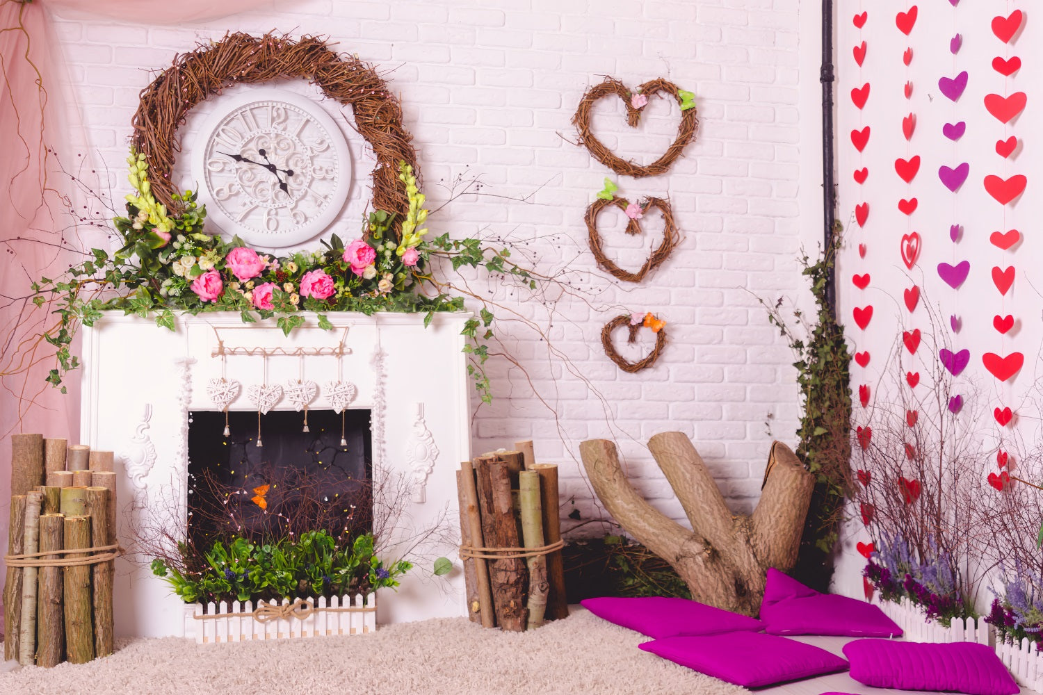 Photography Backdrops Valentine Fireplace Wreath Flowers Backdrop BRP1-140