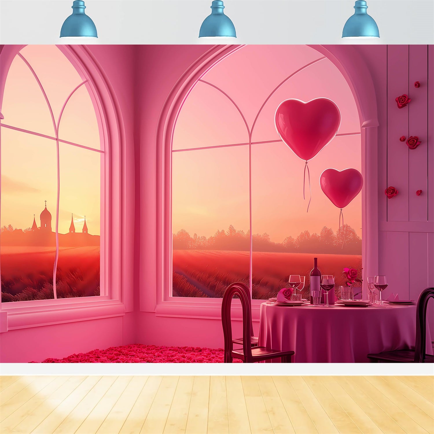 Backdrop For Valentines Day Sunset Windows Heart Balloons Backdrop BRP1-149