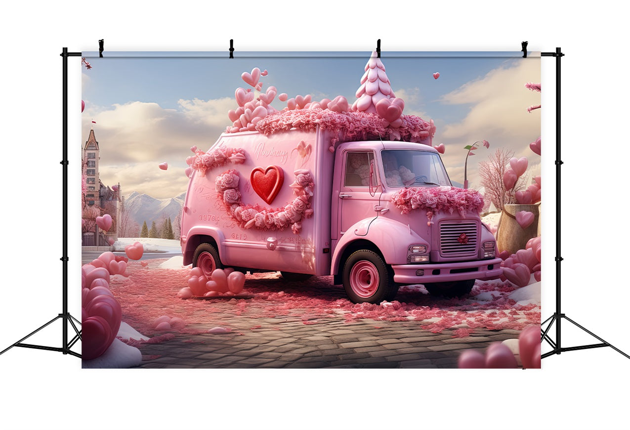 Backdrop For Valentines Pink Floral Truck Scene Backdrop BRP1-155