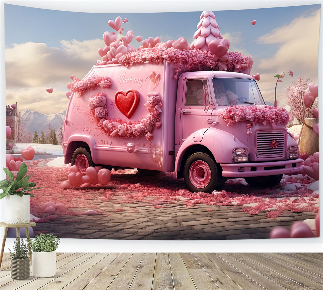 Backdrop For Valentines Pink Floral Truck Scene Backdrop BRP1-155