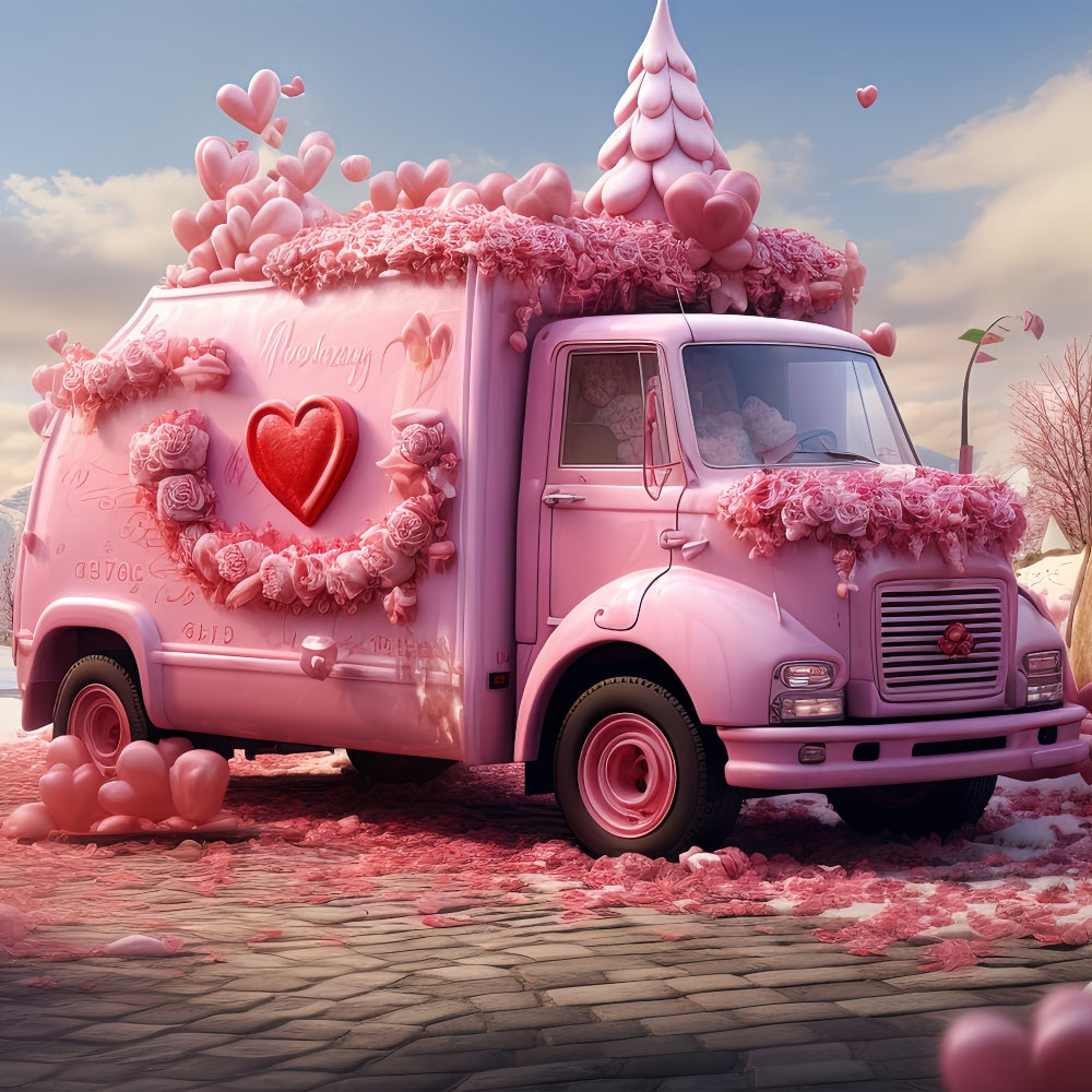 Backdrop For Valentines Pink Floral Truck Scene Backdrop BRP1-155