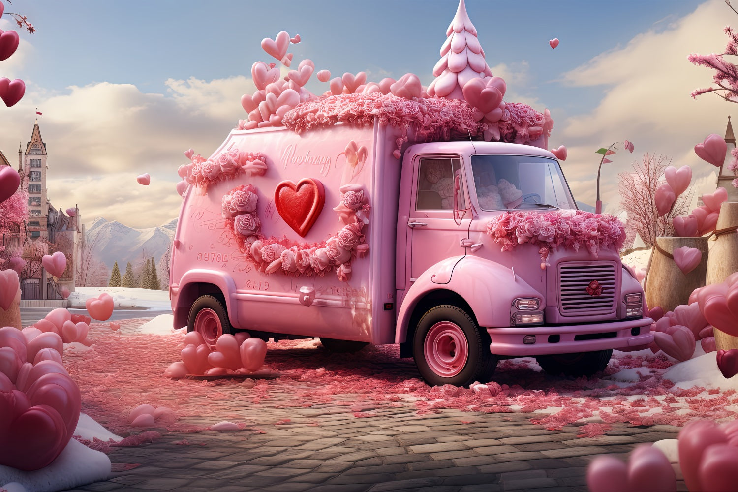 Backdrop For Valentines Pink Floral Truck Scene Backdrop BRP1-155